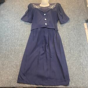 Vintage Retro 90s JBS Dress Navy Blue Nautical Modest Church Sailor Collar Sz 8